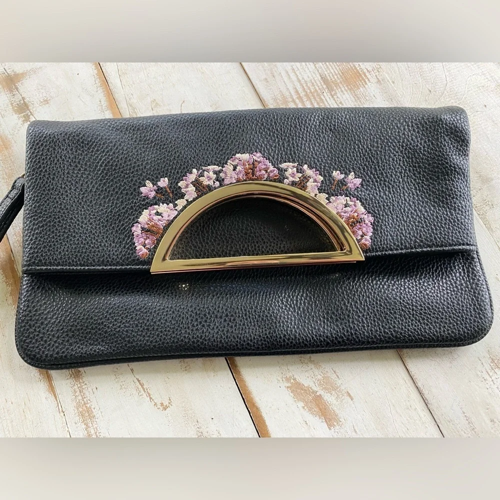 White House Black Market Faux Leather Floral Embroidered Clutch Handbag wristlet - Picture 2 of 12